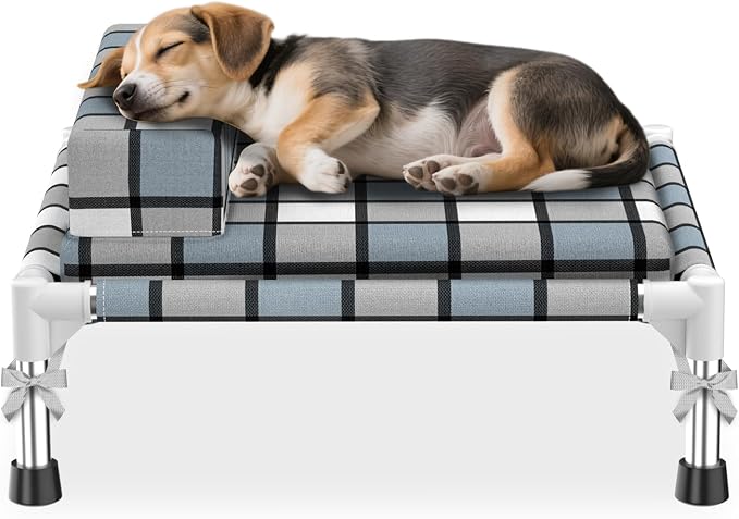Elevated Dog Bed with Cushion & Bolster, Raised Dog Beds with Pillow & Mat | Small Cooling Lifted Indoor Outdoor Portable Lifted Pet Cot Stainless Steel Frame Indoor Outside Breathable Hammock Beds
