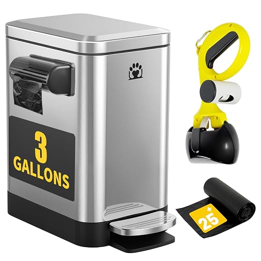 Dog Poop Trash Can Outside,3Gal Metal Outdoor Trash Can,Outdoor Dog Poop Trash Can with Lid for Odor Control - Includes Poop Scooper for Dogs & Bin Bag Holder (Silver)