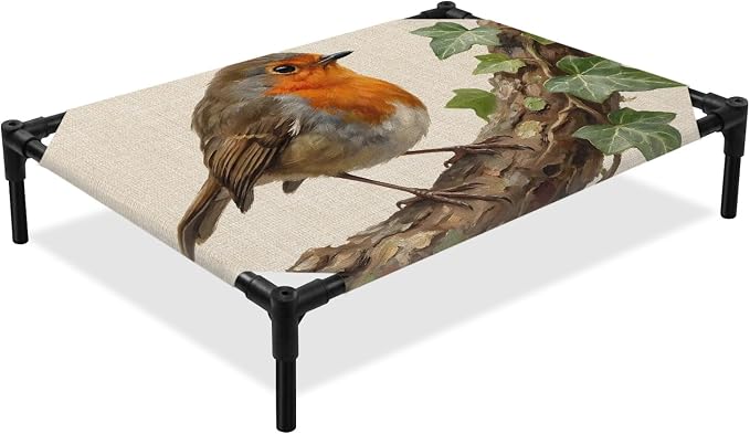 Outdoor Elevated Dog Bed for Medium Dogs, Bird Breathable Cooling Raised Dog Cot for Indoor/Outdoor, Ivy Branch Animal Green Botanical Leaf Rustic Waterproof Elevated Pet Beds, M 24 x 20 in
