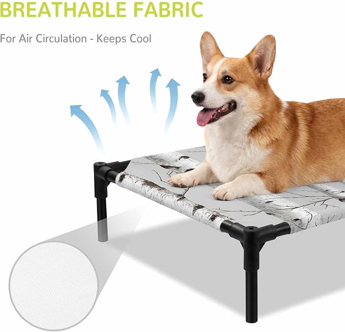 Outdoor Elevated Dog Bed for Large Dogs, White Branch Breathable Cooling Raised Dog Cot for Indoor/Outdoor, Natural Tree Forest Country Mottled Trunk Plants Waterproof Elevated Pet Beds, L 28 x 22 in