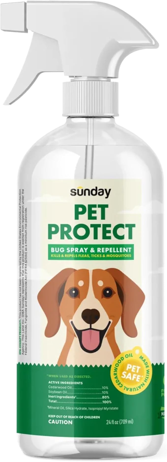 Sunday Pet Protect Flea, Tick, & Mosquito Spray Natural, Effective Bug Spray for Dogs Kills, Controls, Prevents Biting Pests with Cedarwood & Soybean Oil 24 oz