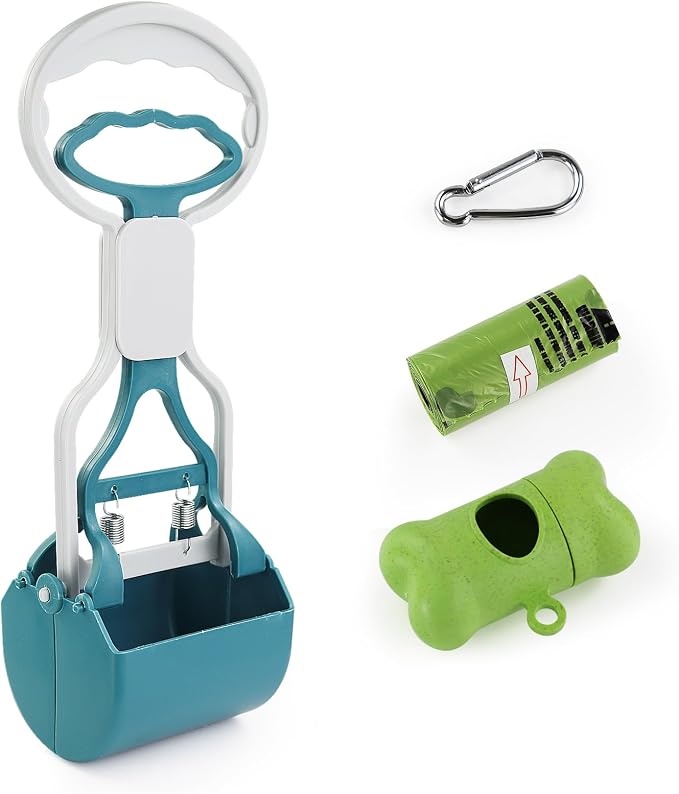 Andiker Dog Pooper Scooper with Short Handle, 10.23" Tall Dual-Spring Pet Pooper Scooper with 1 Roll of Dog Poop Bag and a Dispenser Easy to Use Dog Poop Scooper for Yard Picking Waste Up (Green)