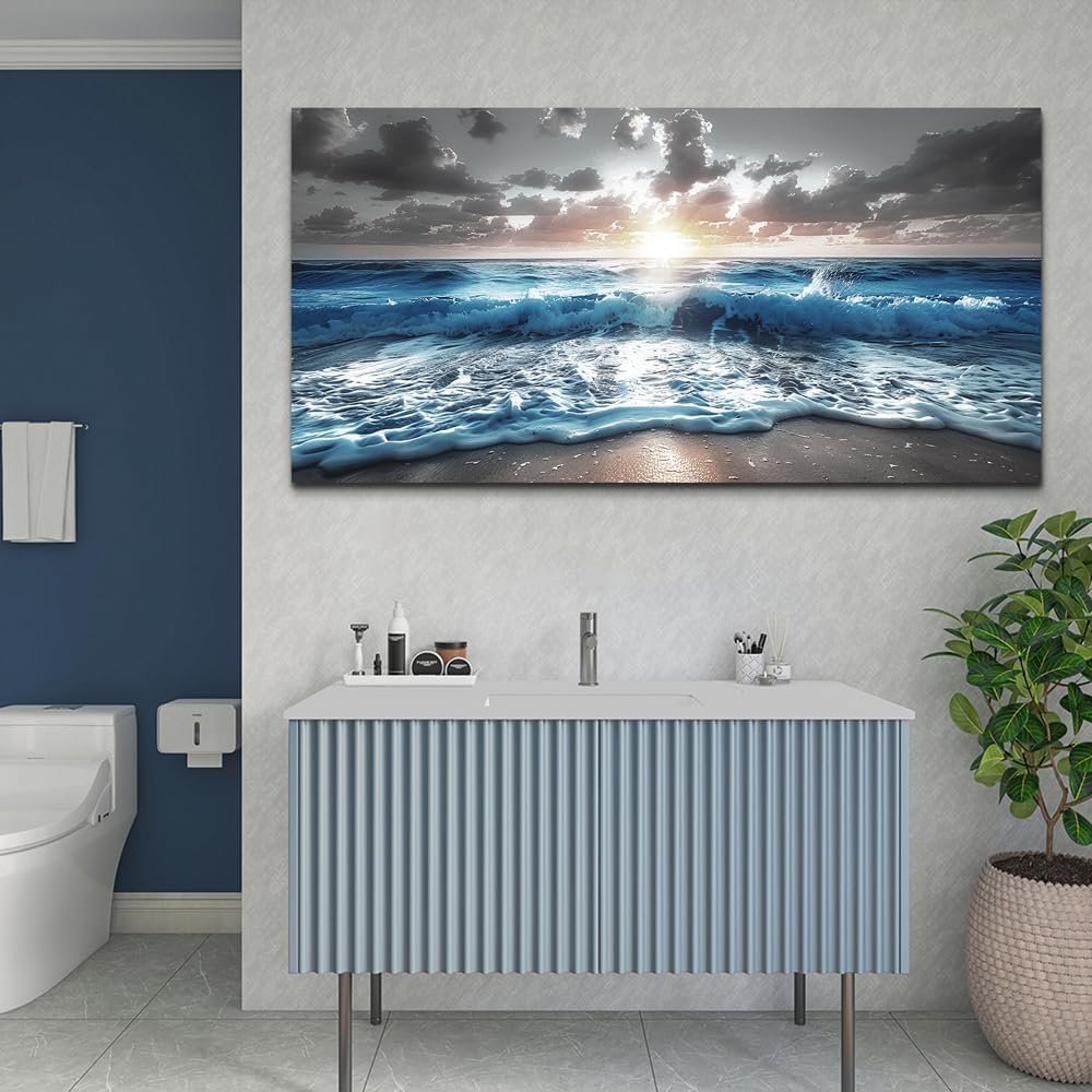 hyidecorart Blue Sea Waves Wall Pictures Framed Wall Art For Living Room Canvas Wall Decor For Office Sunshine Beach Painting Bedroom Home Decorations Prints Posters Mural Artwork Ready To Hang