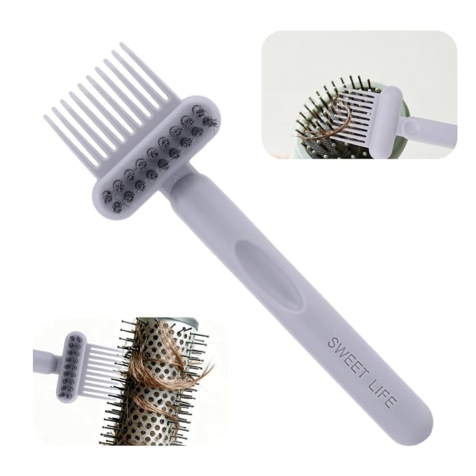2-in-1 Comb Cleaner with Pick and Bristles, Portable Hair Brush Cleaner Tool Hairbrush Cleaning with Ergonomic Handle for Home Salon Travel Use Hairstylist Essentials (Gray)