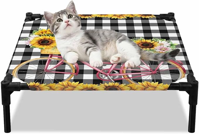 Outdoor Elevated Dog Bed for Small Dogs, Sunflowers Bicycle Breathable Cooling Raised Dog Cot for Indoor/Outdoor, Summer Budding Botanical Floral Lattice Waterproof Elevated Pet Beds, S 20 x 20 in