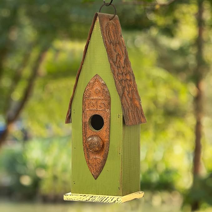 Glitzhome Bird Houses for Outside, 13.25" H Distressed Green Solid Wood Bird House Pet Cottage Hand Painted Hanging Bird House for Outdoors