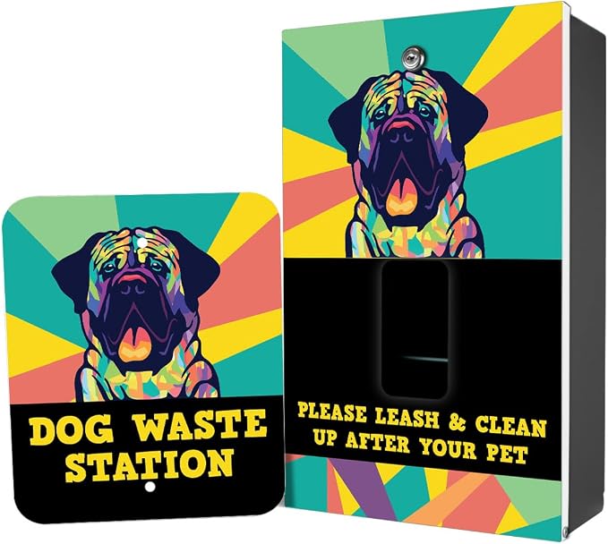 Dispense-Art Collection Pop Art Mastiff - Custom UV Printed Design on Rust-Proof Aluminum Dog Waste Station with 10-Gallon Lidded Can, 400 Dog Waste Bags & 25 Can Liners