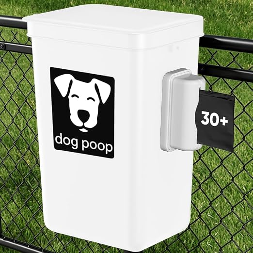 Moryimi Dog Poop Trash Can Outside 3.1 Gallon White | Dog Waste Trash Can with Trash Bag Dispenser, Outdoor Dog Poop Trash Can with Lid, White Hanging Trash Can for Fence, Garbage