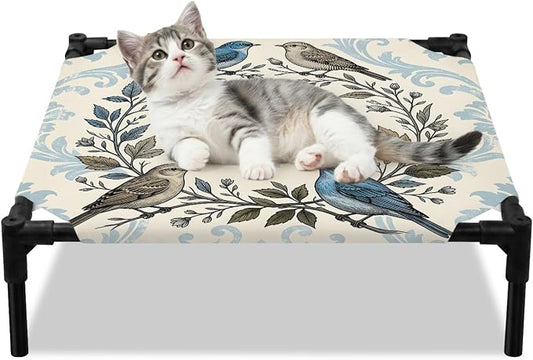 Outdoor Elevated Dog Bed for Small Dogs, Blue Floral Breathable Cooling Raised Dog Cot for Indoor/Outdoor, Rustic Birds Flowers Vintage Branch Garland Waterproof Elevated Pet Beds, S 20 x 20 in