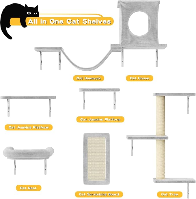 12-in-1 Cat Wall Shelves, Luxury Wall-Mounted Cat Climber Set with Condos House, Scratching Post, Bridge Ladder, Indoor Space-Saving Furniture for Kittens，Gray