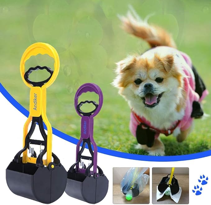 Andiker Portable Pet Pooper Scooper with Short Handle, Pet Clamp Scooper, High Elastic Spring Dog Poop Scoop Indoor and Outdoor Cleaning Tool (Yellow)