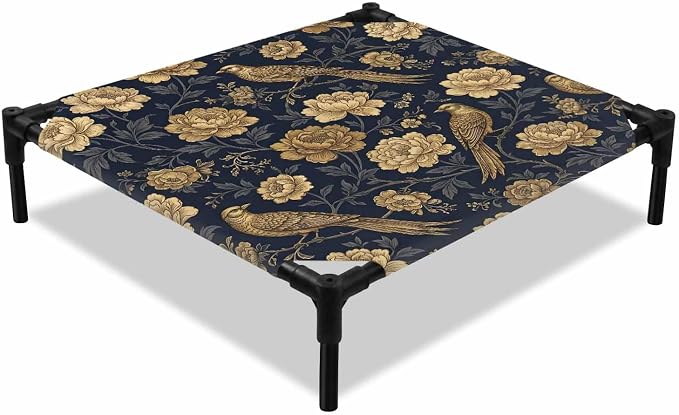 Outdoor Elevated Dog Bed for Small Dogs, Vintage Flowers Breathable Cooling Raised Dog Cot for Indoor/Outdoor, Birds on Branch Floral Elegant Plants Waterproof Elevated Pet Beds, S 20 x 20 in