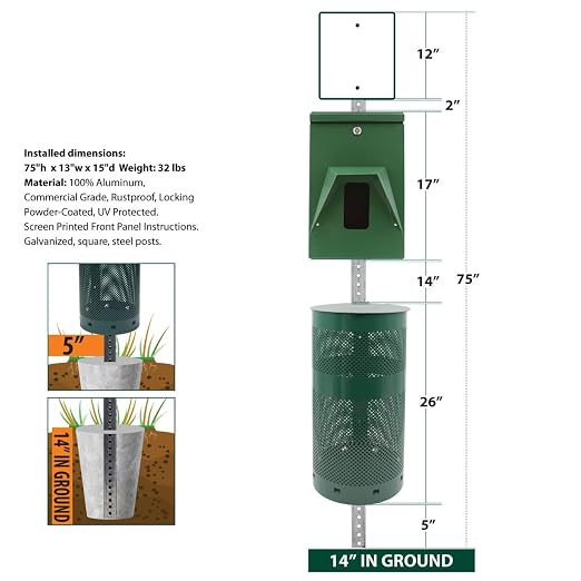 Mutt Mitt® Aluminum Dog Waste Station - Gloss Green | Singles | Complete aluminum station with 400 header bags, 25 liners, 12-gal can, locking dispenser, post & hardware included