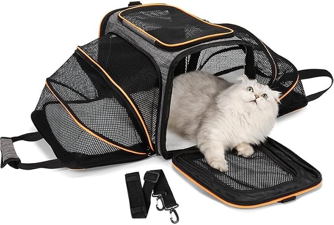 Airline Approved Expandable Pet Carrier for Cats & Small Dogs up to 6kg - Foldable, 3-Way Carry for Airplane & Outdoor (Grey Orange,Medium)