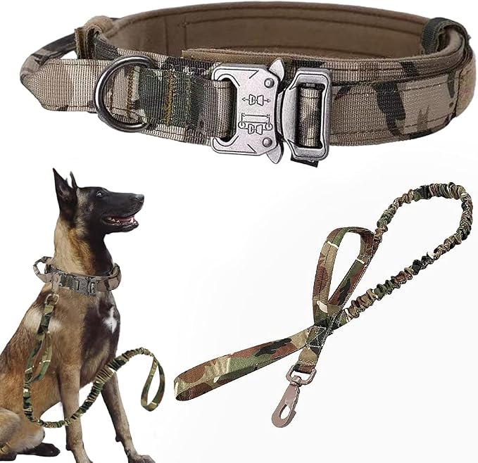 Tactical Dog Collar and Leash Set for Large Dogs with Control Handle，Camo | 1000D Heavy-Duty Nylon Fabric,Quick-Release Metal Buckle,Adjustable Fit,Soft-Padded Webbing,D-Ring,for Training & Hiking,XL