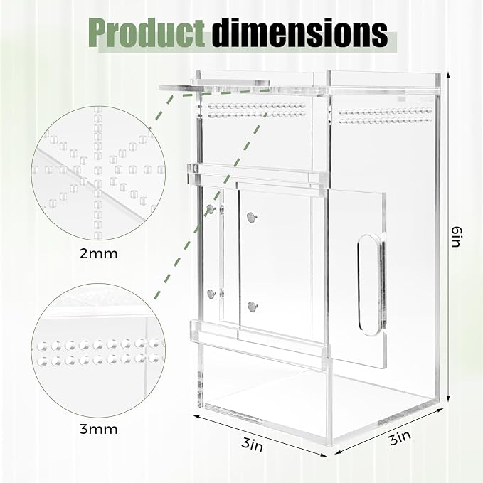Pre-Assembled Jumping Spider Enclosure 3x3x6 Inch Acrylic Spider Cage Insect Terrarium Bug Enclosure Tarantula Enclosure Reptile Terrarium for Snail, Mantis, Lizard, and Small Reptiles