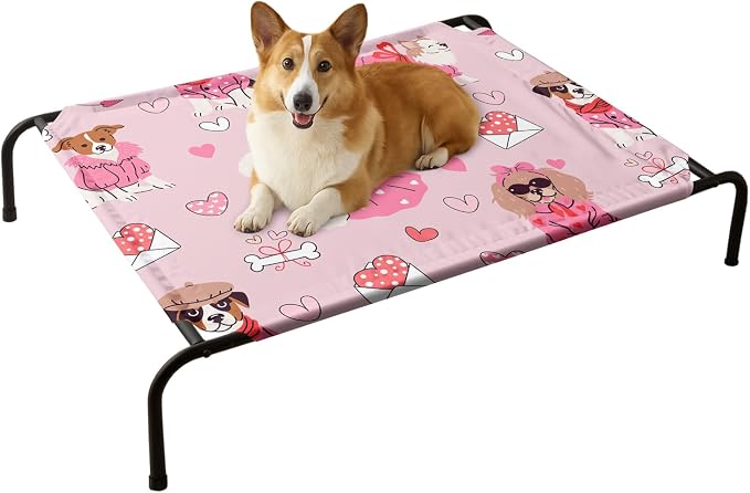 QOOMO Elevated Dog Bed with Cooling Fabric, Pet Cot for Small and Big Dogs, Indoor and Outdoor Use, Joint Relief, Cute Printed Cushion Included (Princess Dog, 35.43" L*25.59" W*8.27" Th)