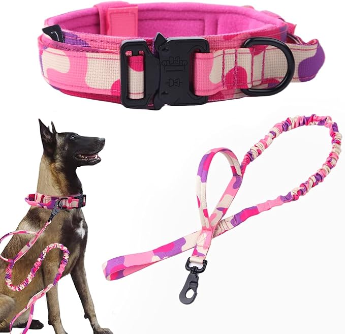 Tactical Dog Collar and Leash Set for Large Dogs with Handle,Pink Camo,XL | 1000D Heavy-Duty Nylon Fabric,Quick-Release Metal Buckle,Adjustable Fit,Soft-Padded Webbing,D-Ring,for Training & Hiking