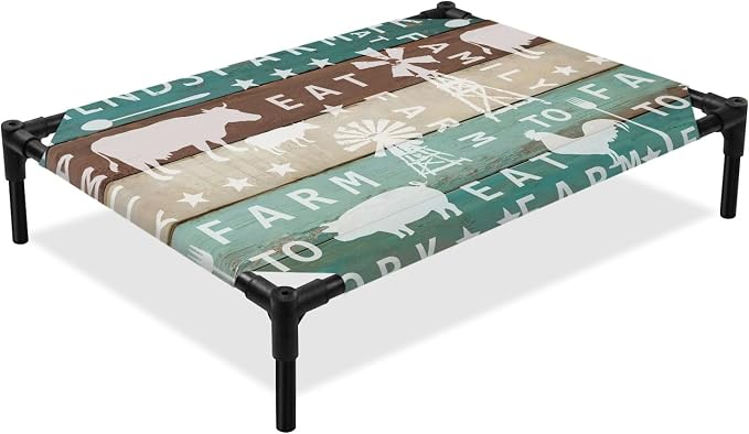 Outdoor Elevated Dog Bed for Large Dogs, Farmhouse Barn Breathable Cooling Raised Dog Cot for Indoor/Outdoor, Cow Pig Chicken Windmill Wooden Plank Waterproof Elevated Pet Beds, L 28 x 22 in