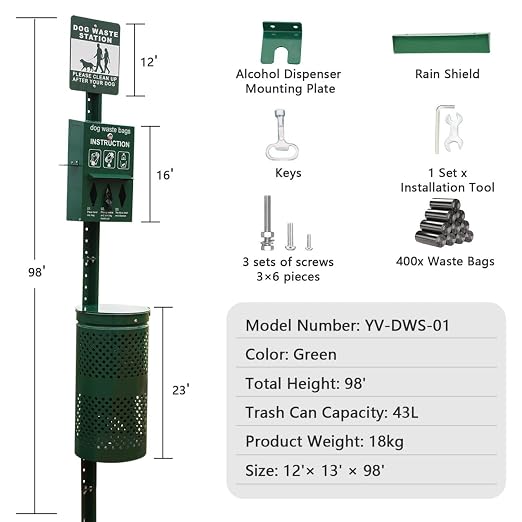 10-Gallon Galvanized Steel Dog Waste Station with Sign, Dog Poop Trash Can for Yard & Communities, Locking Dispenser & Waste Can Outdoor Pet Waste Disposal System