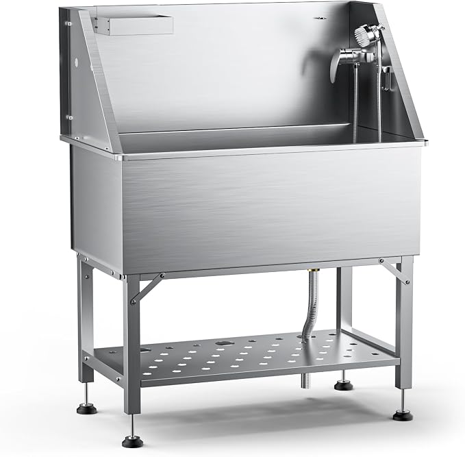 38" Stainless Steel Dog Washing Station - 304 Seamless Soaking Tub for Small & Medium Dogs, Non-Slip & Leak-Proof Pet Grooming Sink with Bottom Storage Shelf & Hair Catcher for Home & Spa | Dog grooming tub, hot cold faucet, fixed sprayer, shampoo disp...