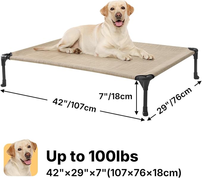 Veehoo Outdoor Elevated Dog Bed Large Sized Dogs, Cooling Raised Dog Cots | Off-ground training platform, portable camping hammock, breathable mesh, easy to clean, no-tool setup, 42"x30", Beige Coffee