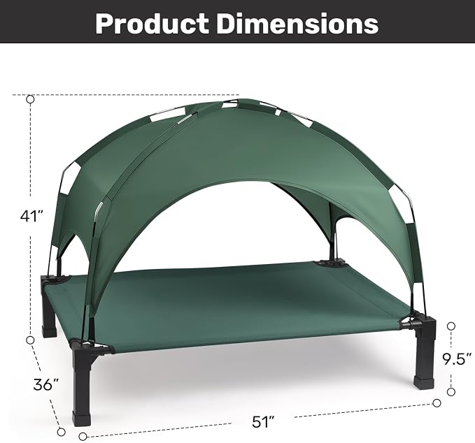 Elevated Dog Bed with Removable Canopy, Sun Protection Shade Tent Dog Cot | Portable Outdoor Dog Bed, Raised Pet Cooling Cot Bed for Dogs, 51in