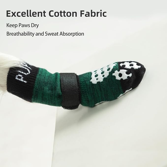 PUPTECK Anti-Slip Dog Socks with Double Sides Grips for Small Medium Large Dogs Hardwood Floors Prevents Licking, Dog Shoes for Hot Pavement Traction Control for Senior Dogs, Dark Green, XS