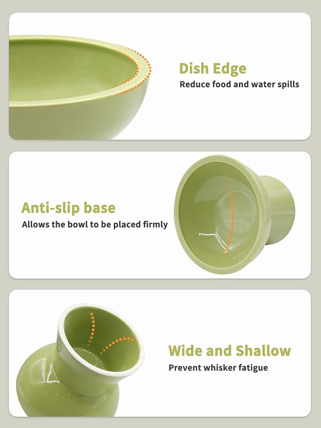 LoeJan Elevated Cat Food and Water Bowls Set, Extra Wide and Raised Ceramic Feeder, Anti-Vomit Whisker-Free Pressure Feeding Bowl for Kittens Adult Cats Small Dogs (Green, Bowl Set)