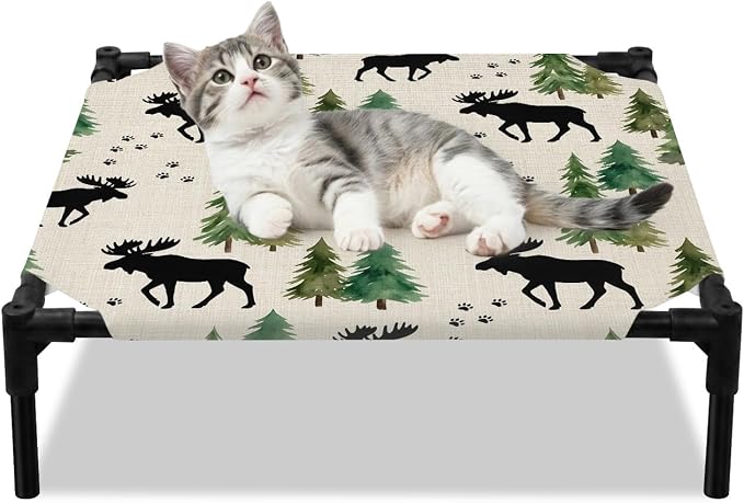 Outdoor Elevated Dog Bed for Small Dogs, Black Green Moose Breathable Cooling Raised Dog Cot for Indoor/Outdoor, Modern Animals Trees Rustic Waterproof Elevated Pet Beds, S 20 x 20 in