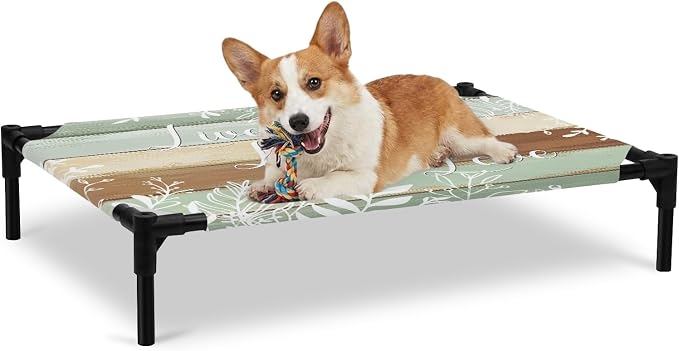 Outdoor Elevated Dog Bed for Large Dogs, Teal Brown Botanical Breathable Cooling Raised Dog Cot for Indoor/Outdoor, Farmhouse Wooden Leaves Waterproof Elevated Pet Beds, L 28 x 22 in