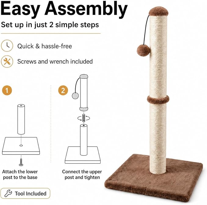 Dimaka 34" Height Tall Cat Scratching Post, Claw Scratcher with Sisal Rope and Covered with Soft Smooth Plush, Vertical Scratch [Full Strectch] for All Cats (Dark Brown, 34 inches for Large Cats)