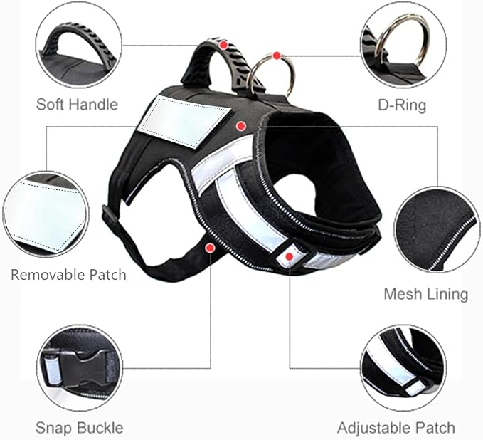 Heavy Duty Tactical Dog Harness for Large Dogs No Pull, Adjustable Reflective Pet Vest with 2 Leash Clips Front & Back, Easy Control Handle for Walking, Training, Service, Black, XL