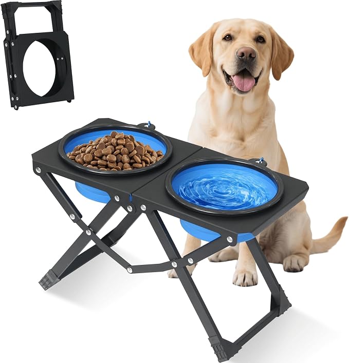 Foldable Elevated Dog Bowl Holder with 2 Large 50.7oz Folding Water Bowl, 10.2" Tall Raised Dog Bowl Stand for Medium/Large Breeds, Indoor and Outdoor Use