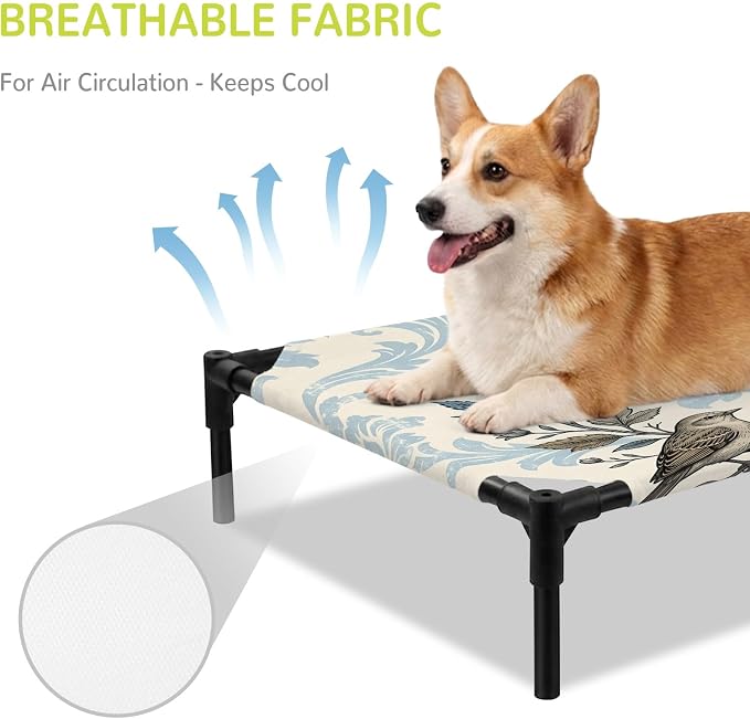 Outdoor Elevated Dog Bed for Medium Dogs, Blue Floral Breathable Cooling Raised Dog Cot for Indoor/Outdoor, Rustic Birds Flowers Vintage Branch Garland Waterproof Elevated Pet Beds, M 24 x 20 in
