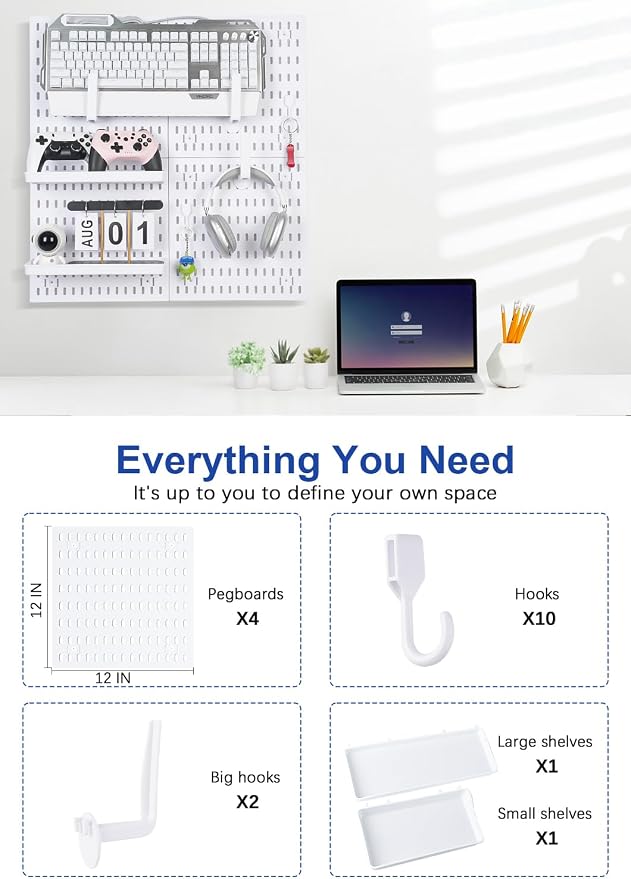 White Pegboard Wall Organizer Kit, 4 Pcs 12 x 12 in ABS Plastic Peg Board Panels with 10 Small Hooks, 2 Big Hooks, 2 Shelves, Wall Mounted Pegboard for Desk, Craft Room, Office and Kitchen Storage