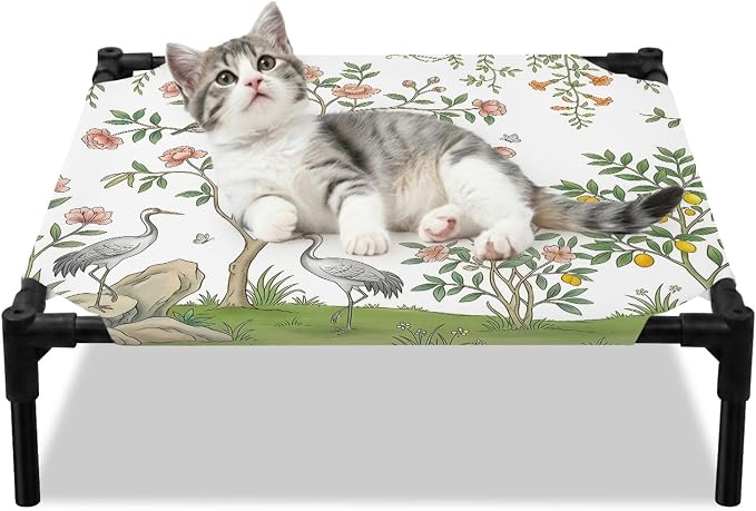 Outdoor Elevated Dog Bed for Small Dogs, Pink Flowers Breathable Cooling Raised Dog Cot for Indoor/Outdoor, Trees Weeping Spring Floral Birds Waterproof Elevated Pet Beds, S 20 x 20 in