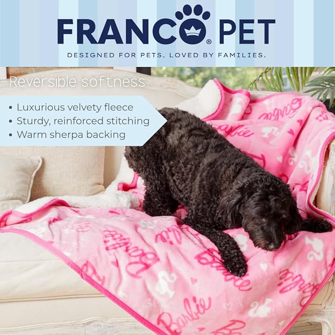 Franco Pet Barbie Super Soft Cozy Waterproof Sherpa-Backed Blanket Throw for Medium Dogs, Couch/Bed/Car, 40x50 (Officially Licensed Product)