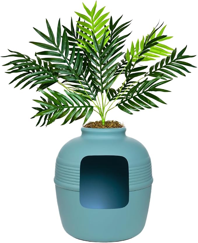 Good Pet Stuff Original Hidden Litter Box Planter, Decorative Cat Litter Enclosure with Carbon Filter, Artificial Palm Plant, Upgraded Design, Easy to Clean, Base Kit, Caribbean Blue