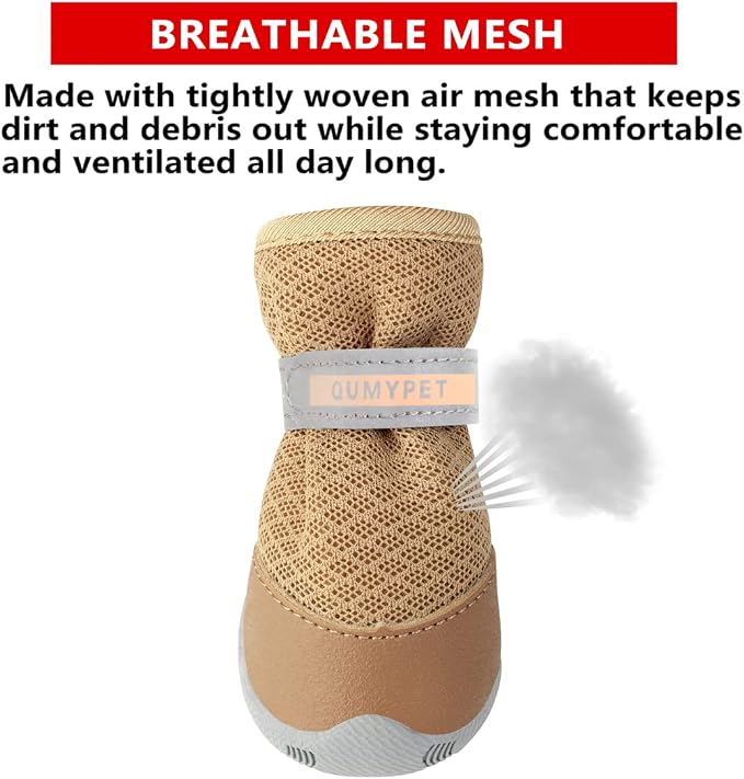 QUMY 4PCS Dog Shoes for Small Dogs, Hot Pavement Summer Puppy Dog Boots & Paw Protectors with Soft Anti-Slip Rubber Sole, Mesh Breathable Dog Booties for Hardfloors, Walking Running Khaki Size 3
