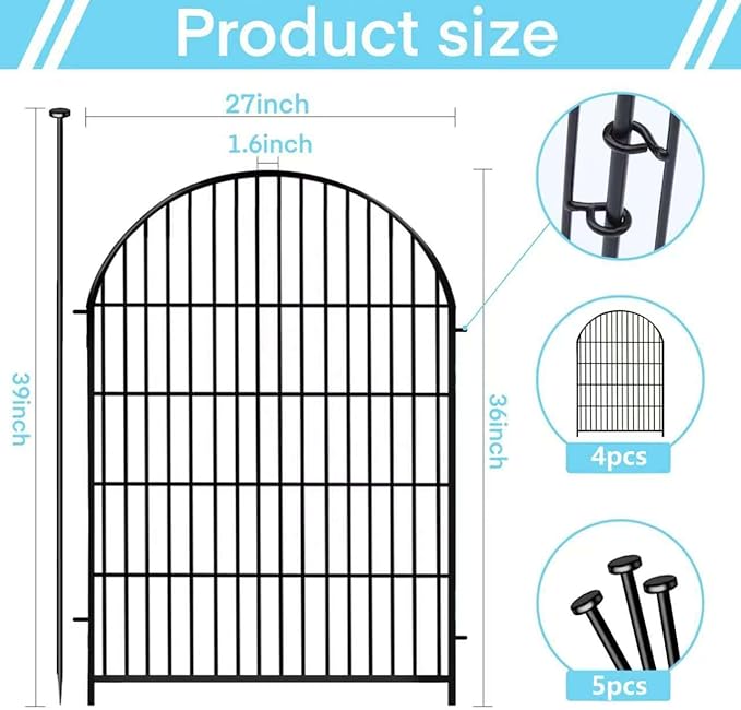 Okaygardn Garden Fence Border 36 in(H) x8.8 Ft(L), 4 Panels Dog Fence Outdoor for Yard, Tall Garden Animal Barrier Fence with Gate, Arched Rustproof Metal No Dig Fence, Flower Bed Fencing