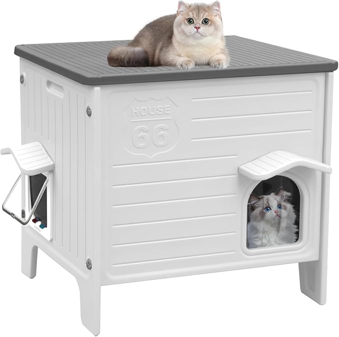Plastic Outdoor Cat House, 100% Weatherproof Feral Cat Shelter with Safety Escape Door, Cat House with for Barn Cat,
