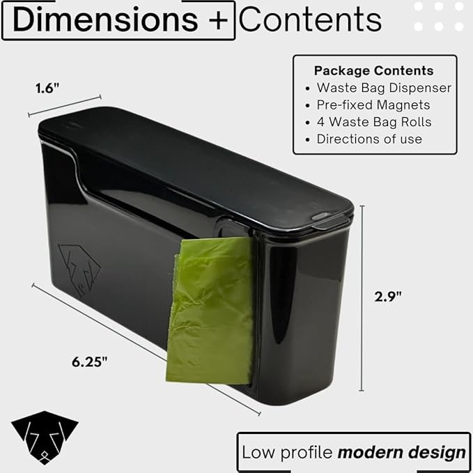 Skylar Pet Products - Dog Poop Bag Dispenser - Magnetic Mount - Indoor/Outdoor - Wall Mount - Waste Bag Dispenser - Magnet - Screw-on - Storage - Container + 60 Waste Bags (Black)