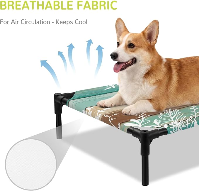 Outdoor Elevated Dog Bed for Medium Dogs, Teal Green Brown Botanical Breathable Cooling Raised Dog Cot for Indoor/Outdoor, Farmhouse Wooden Leaves Waterproof Elevated Pet Beds, M 24 x 20 in