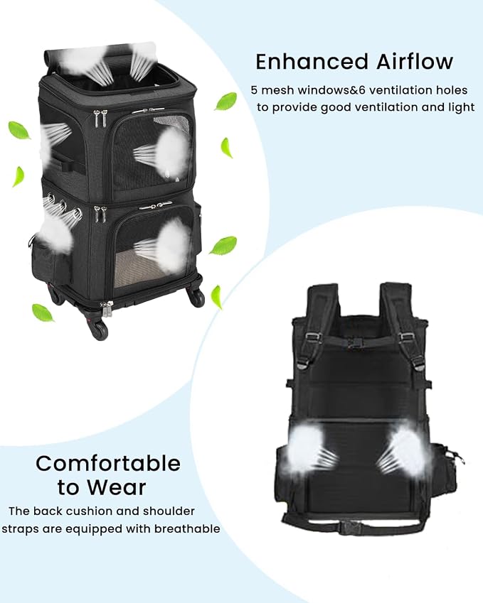 HOVONO Double-Compartment Cat Carrier Backpack with Wheels for Two Pets | Pet Rolling Carrier for Smalls Cat and Dogs, Perfect for Traveling / Walking/ Vet, Up to 12 lbs each, Black