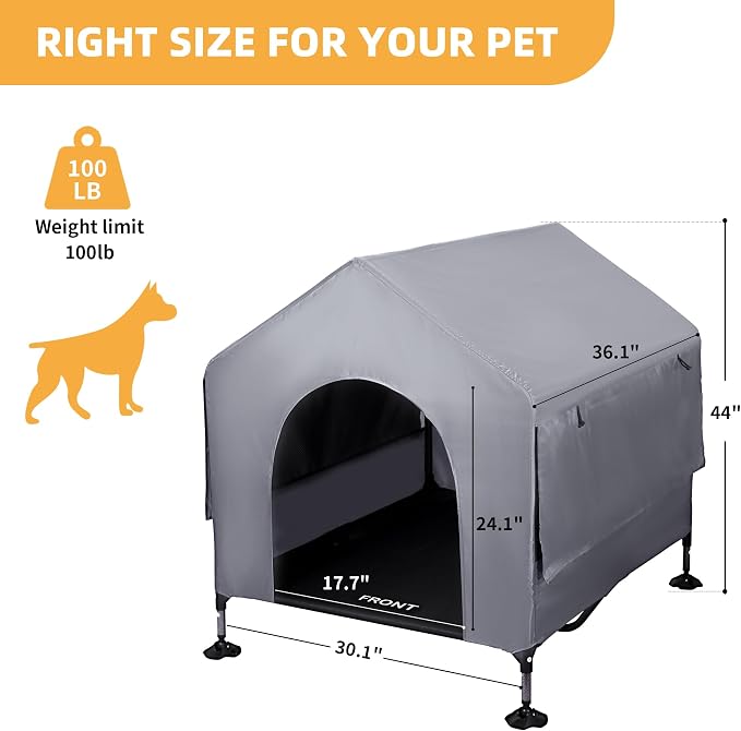 Dog House, 36” Large Dog House Outdoor Indoor Elevated Dog Cot Bed | 2-in-1 Outside Dog Tent Shade, Three-Sided Breathable Mesh Windows, Easy to Install, Waterproof Canopy, Non-Slip Feet