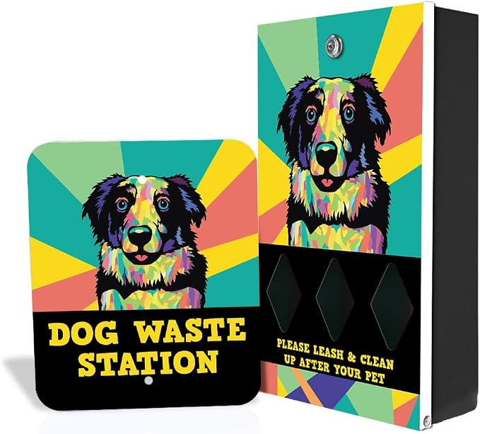 Zero Waste USA - DISPENSE-ART™ Dog Waste Station - Australian Shepherd | Commercial rust-proof aluminum station with UV artwork, 400 roll bags, 10-gallon can & 10-year warranty