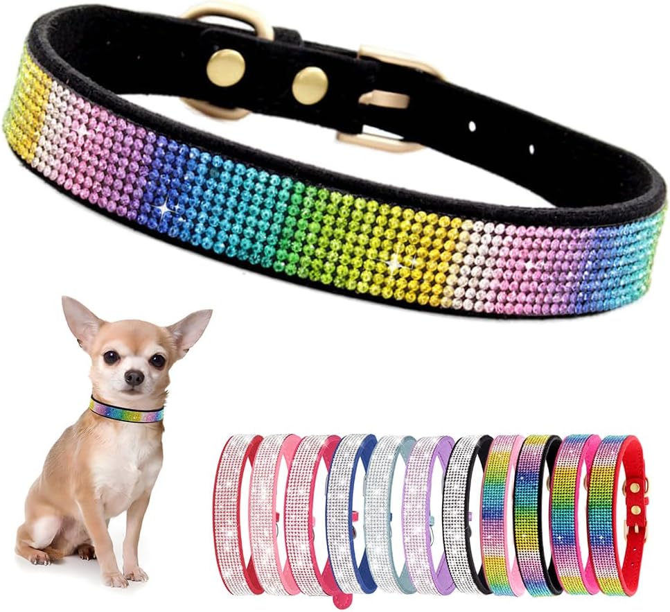 Rhinestone Dog Collar for Small Dogs, Bling Diamond Fancy Crystal Glitter Pretty Jewel Pet Puppy Collars for XXS XS Small Medium Large Breed Girl Dogs Female Cats Kitten, Colorful Black L