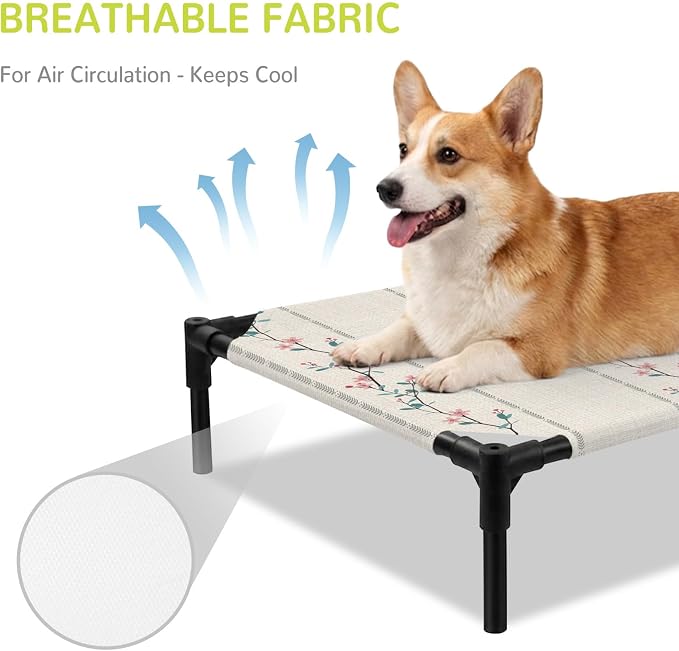 Outdoor Elevated Dog Bed for Large Dogs, Beige Flower Branch Breathable Cooling Raised Dog Cot for Indoor/Outdoor, Spring Summer Farmhouse Botanical Waterproof Elevated Pet Beds, L 28 x 22 in