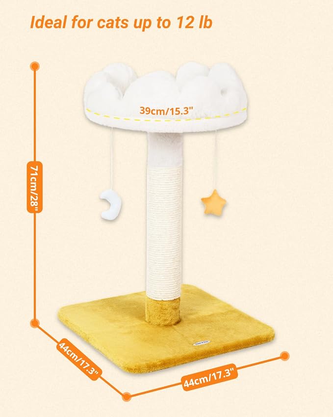 Happi N Pets 28" Tall Cat Scratching Post with Bed, Small Cat Tree for Indoor Cats, Thick Cat Scratch Post with Cloud-Shaped Soft Perch & Cute Toys, Stable Cat Stand, Removeable Cover, Bounus Catnip